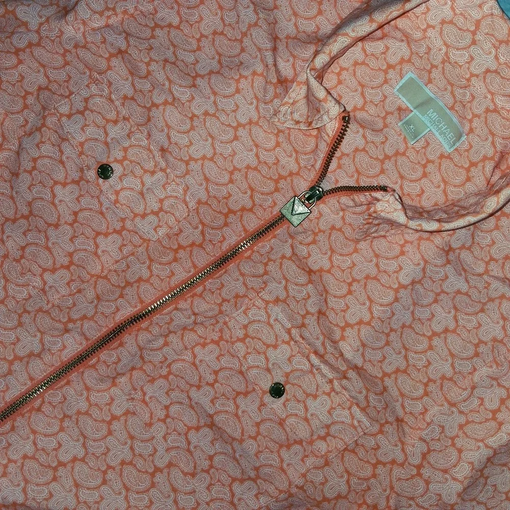 Michael Kors Womens Orange Paisley Print Zip Front‎ Collared Shirt Top Size XL